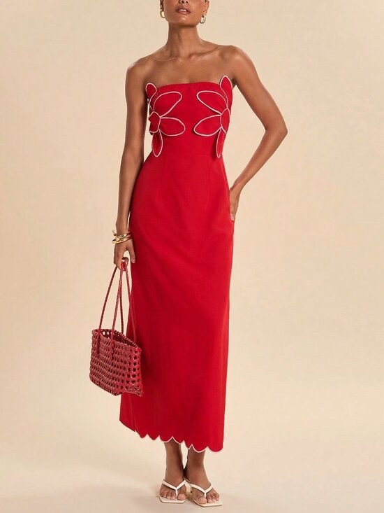 Dresses & Skirts - Red Casual Women's Floral Mid-Length Strapless Dress
